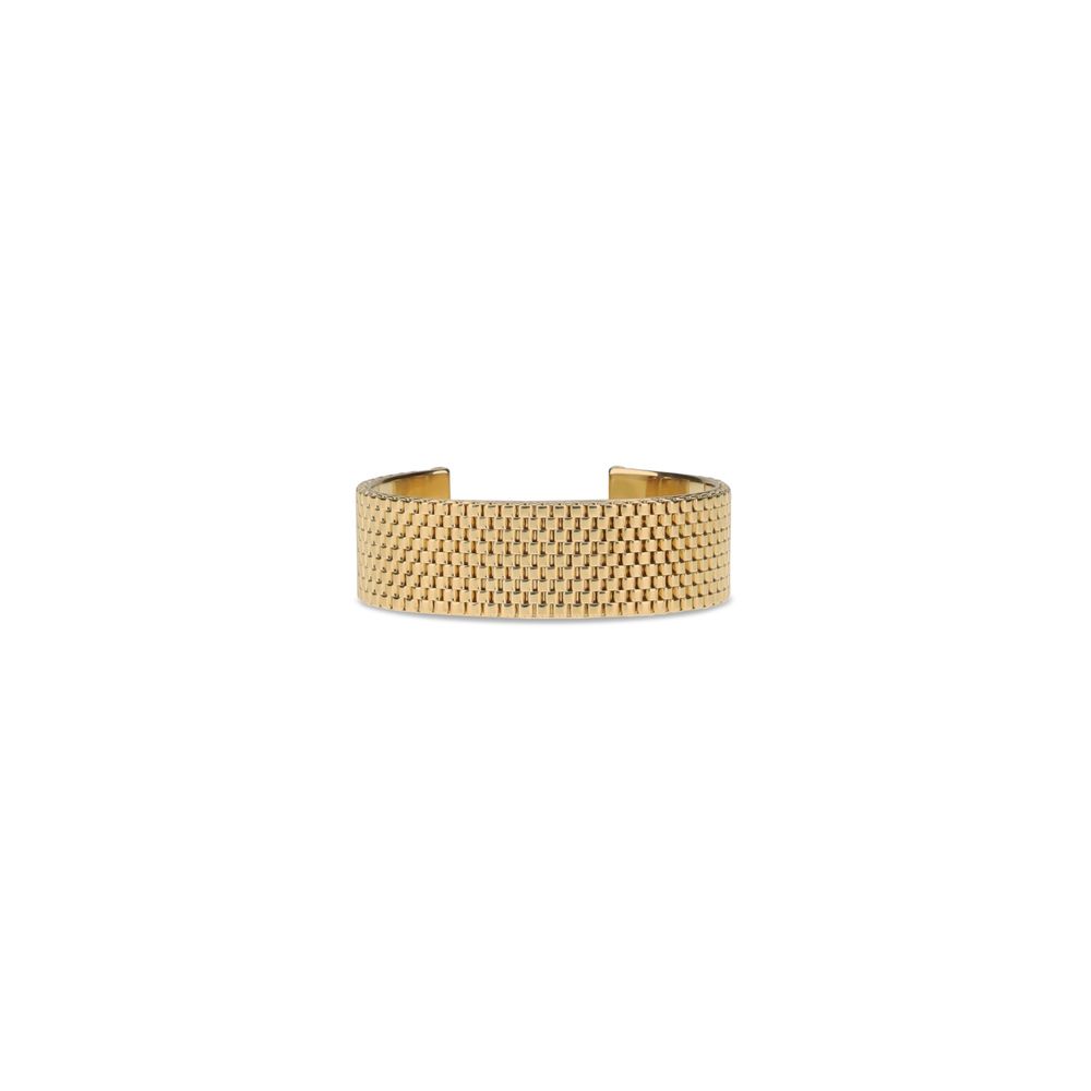 Jil Sander Gold Brass Bracelet with refined mesh texture, minimalist design for AW25 season, engraved inside with brand logo.