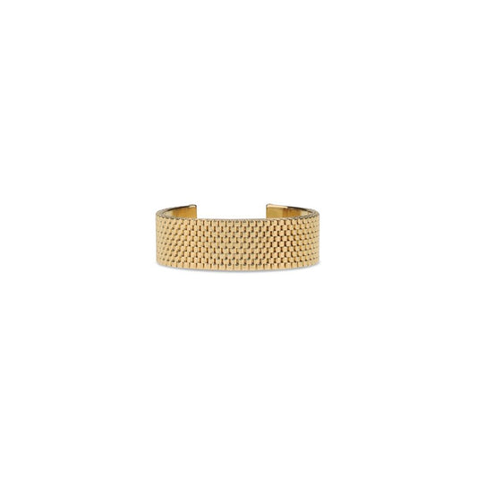 Alt Tag: Jil Sander Gold Brass Bracelet with mesh texture and engraved logo, minimalist design for AW25. 100% brass.