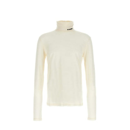 Jil Sander White Polyester Turtleneck for men with high neck and long sleeves, featuring a contrast logo on the collar, size L/EU Regular fit.