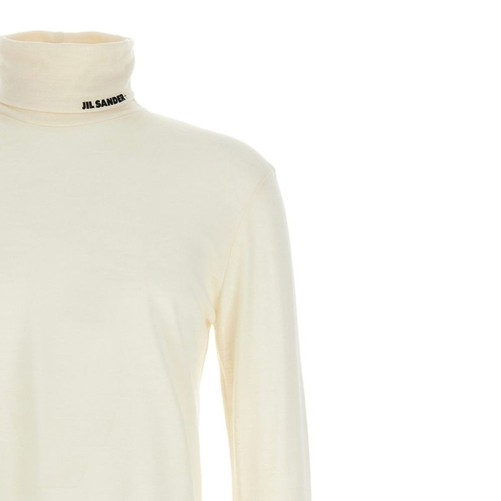 Jil Sander White Polyester Turtleneck with contrast logo on collar, long sleeves, high neck, and regular fit for men.
