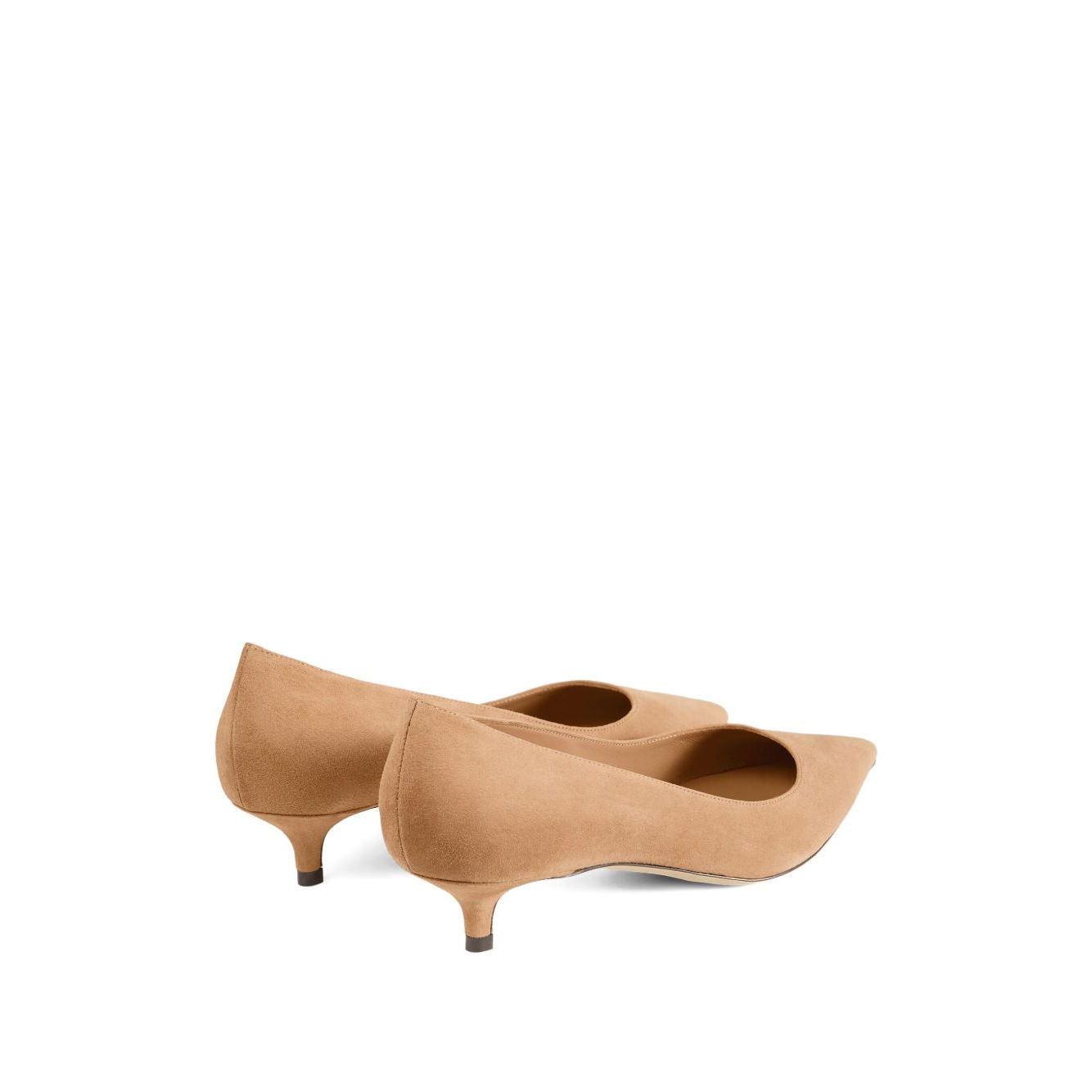 Jimmy Choo Amelia suede pumps with toffee suede upper and pointed toe, featuring a 3 cm kitten heel and low-cut vamp.