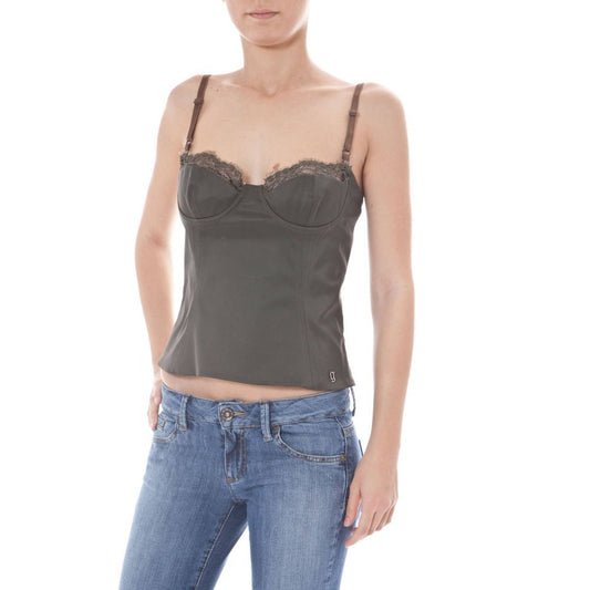 John Galliano Green Elastane Shirt with adjustable narrow straps, lace inserts, and logo detailing.