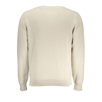 Back view of K-WAY Beige Crew Neck Cotton Sweater with Logo Detail, showcasing ribbed texture, long sleeves, and classic style.