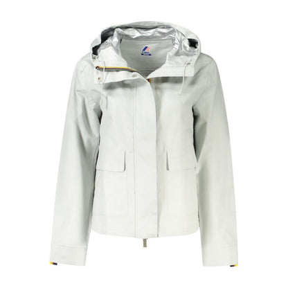 K-WAY Gray Linen Women Jacket with hood showcasing stylish design and functionality, featuring logo, pockets, button and zip closure.