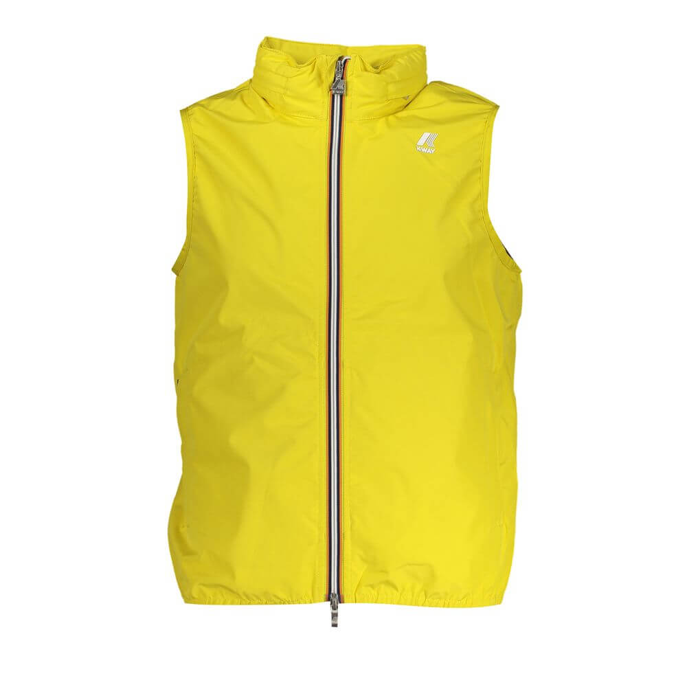 K-WAY Yellow Polyester Men Jacket with removable zip hood and iconic logo, offering practical style for active men.