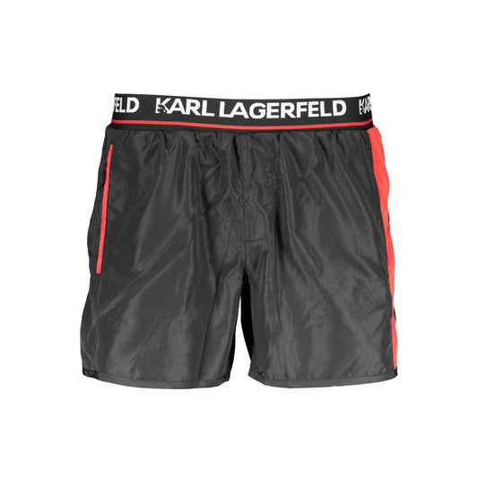 Karl Lagerfeld Black Polyester Swimwear, short swim boxer with pockets, elastic waist, contrasting details, logo waistband.