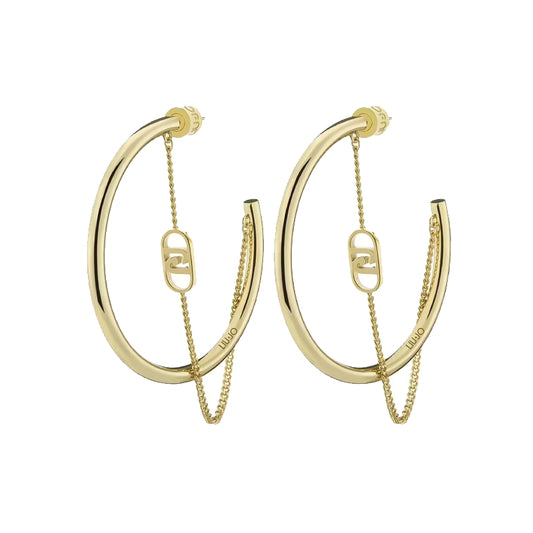 Gold earrings from LIU-JO Mod. LJ2774 collection featuring chain detail and logo charm, part of new Liu-Jo Jewels Collection.