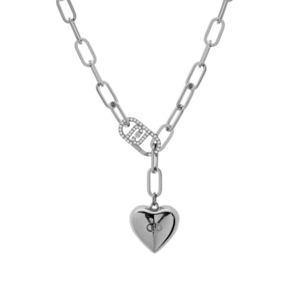 Elegant silver chain necklace with heart pendant and crystal-accented link on a white background.