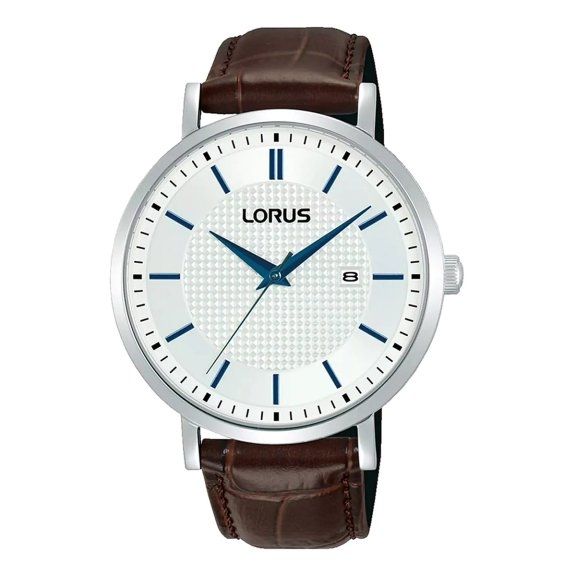LORUS WATCHES Mod. RH961RX9 with brown leather band and silver-white dial displaying date and time elegantly