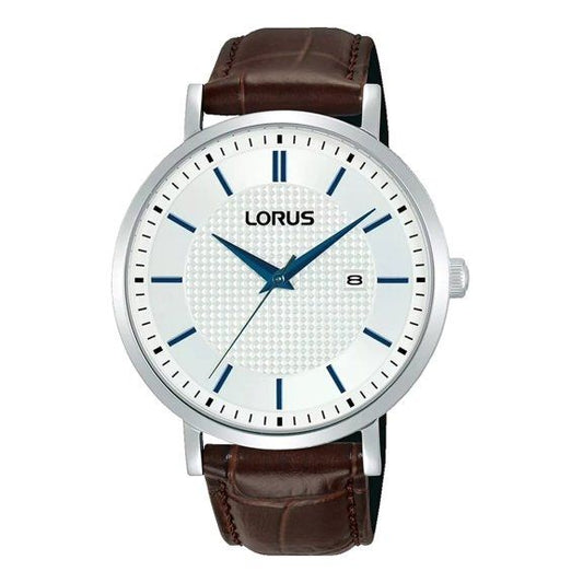 LORUS WATCHES Mod. RH961RX9 with brown leather band and silver-white dial displaying date and time elegantly