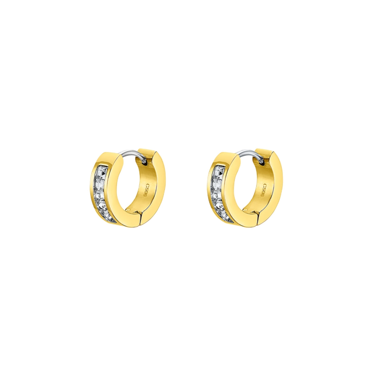 Alt Tag: Gold hoop earrings by LOTUS JEWELS JEWELRY Mod. LS2437-4/2 featuring sparkling gemstones.