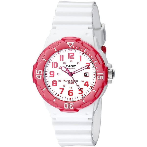 CASIO COLLECTION Mod. LADY DIVER - WHITE wristwatch, 34mm resin case, quartz movement, 10 ATM water resistance, red and white design