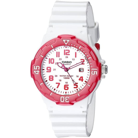 CASIO COLLECTION Mod. LADY DIVER - WHITE wristwatch, 34mm resin case, quartz movement, 10 ATM water resistance, red and white design