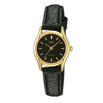 CASIO COLLECTION ladies wristwatch, 3 ATM water resistant, gold plated 23mm case, black leather strap, quartz movement, mineral dial.