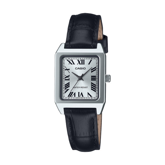 CASIO COLLECTION Mod. TANK. LEATHER - WHITE ladies' wristwatch with black leather strap and rectangular stainless steel case.