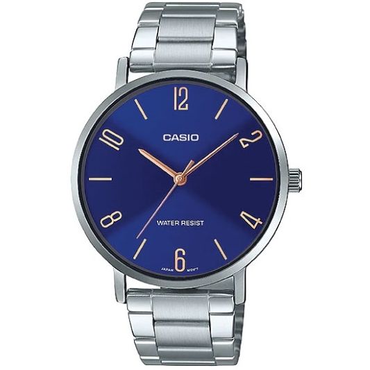 CASIO COLLECTION Mod. MINIMAL - BLUE wristwatch with stainless steel strap and blue dial, water resistant 3 ATM, gent 34mm case.