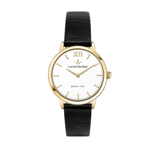 LUCIEN ROCHAT MOD. R0451115501 lady's quartz wristwatch, 30mm case, black leather strap, gold-tone accents, classic design