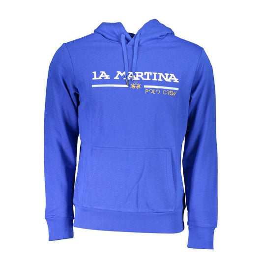 La Martina Blue Cotton Men Sweater with central pocket and embroidery, perfect for elegant casual wear.