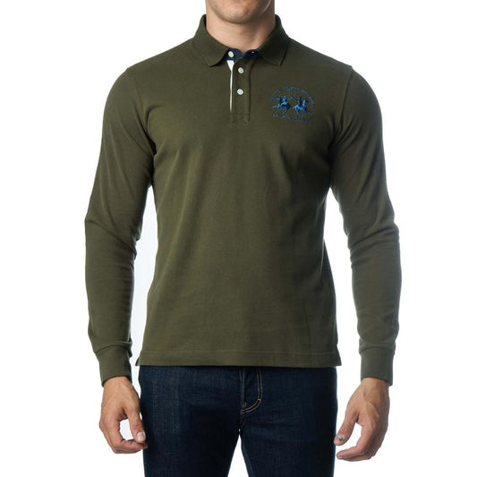 La Martina Green Cotton Polo Shirt with blue logo, men's long-sleeved design, stylish casual wear for all seasons.