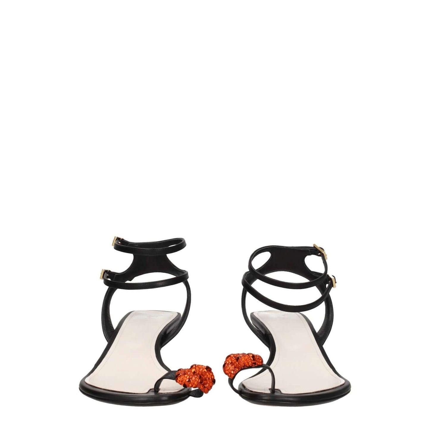 Lanvin Black Leather Stiletto Heel Sandals with rhinestone front detail, buckle closure, and open toe style.