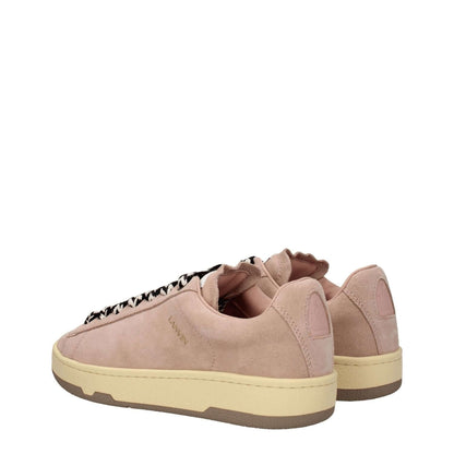 Lanvin Pink Leather Low Top Sneakers in suede with vintage effect, lace-up closure, and logos on front, side, and back. Casual style with rubber sole.
