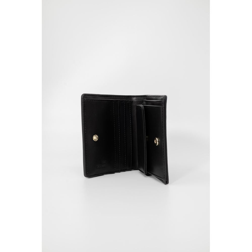 Open Love Moschino Bicolor Polyethylene Wallet showcasing quilted faux leather with metallic logo and multiple compartments.