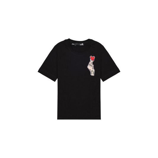 Love Moschino Black Cotton T-Shirt with red heart design on chest, stylish and comfortable short-sleeve for women.