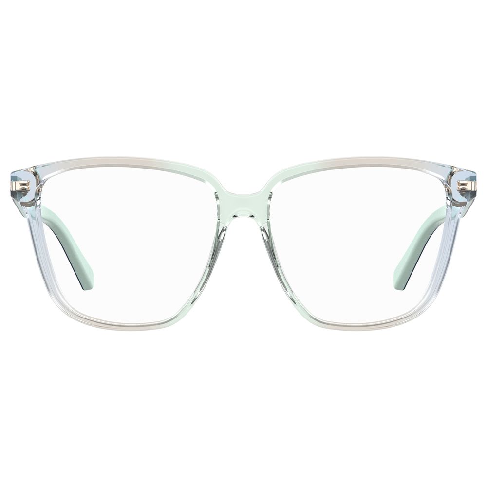 Love Moschino Blue Acetate Frames with clear lenses, front view showcasing 55/14/140 mm dimensions, stylish eyewear for women.