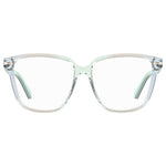 Love Moschino Blue Acetate Frames with clear lenses, front view showcasing 55/14/140 mm dimensions, stylish eyewear for women.