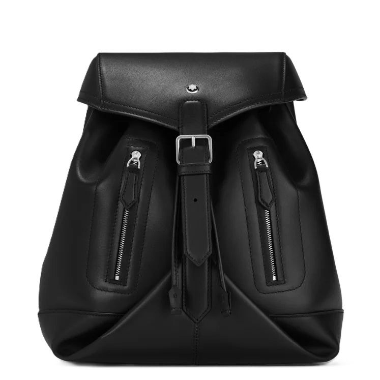 MONTBLANC LEATHER MOD. MEISTERST. black knapsack, crafted from leather, with a sleek design, official box packaging.