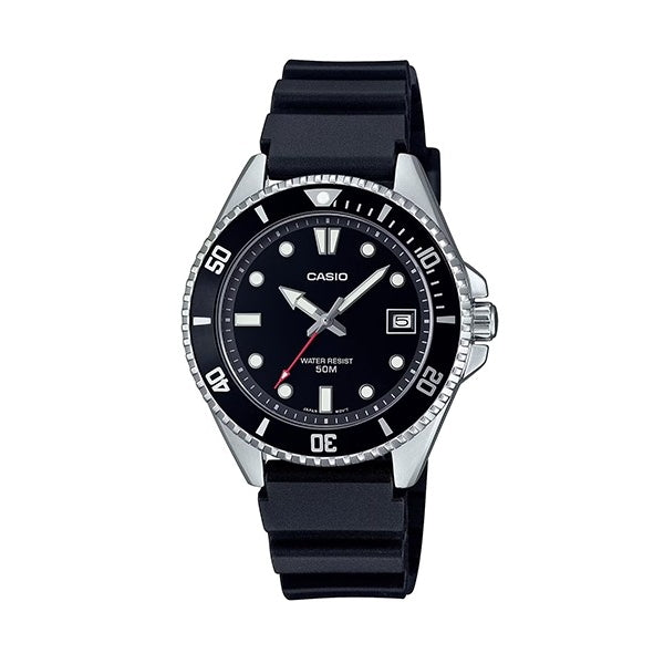 CASIO SPORT Mod. DIVER COMPACT 50M - BLACK unisex wristwatch with stainless steel case, quartz movement, black dial, and resin strap.