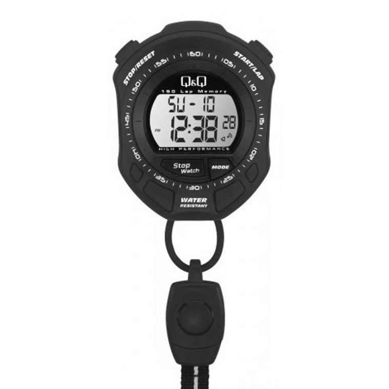 Q&Q Mod. STOPWATCH with quartz movement, 3 ATM water resistance, metal case, plastic dial, and official packaging.