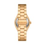Gold wristwatch MICHAEL KORS Mod. LENNOX showing back view, stainless steel strap, quartz movement, ladies' watch, official packaging.