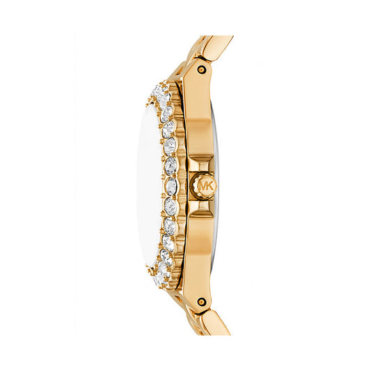 Side view of MICHAEL KORS WATCHES Mod. MK7394 in gold with crystal accents and logo on the crown.