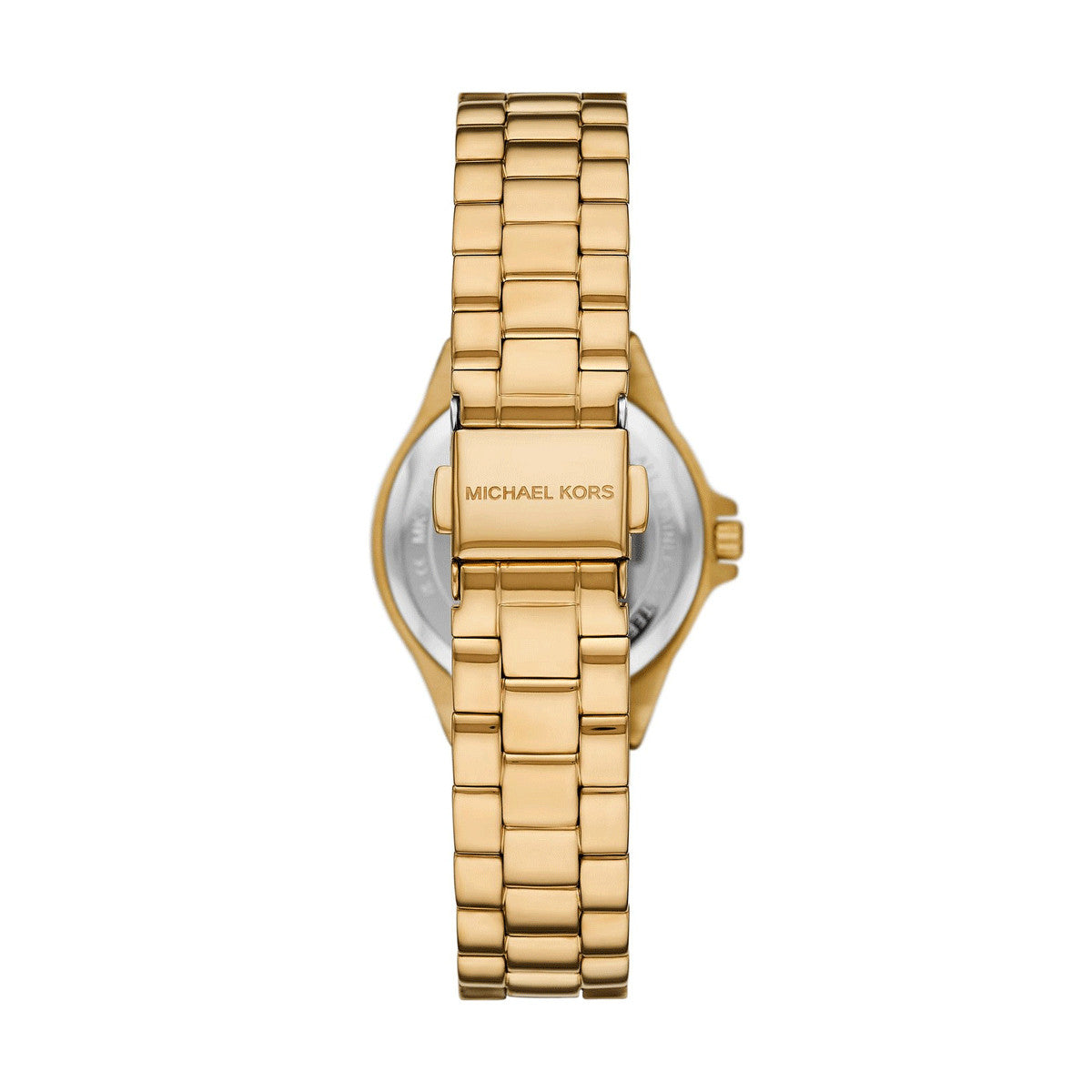 Back view of gold-tone MICHAEL KORS WATCHES Mod. MK7394 wristwatch with stainless steel strap and quartz movement for women.