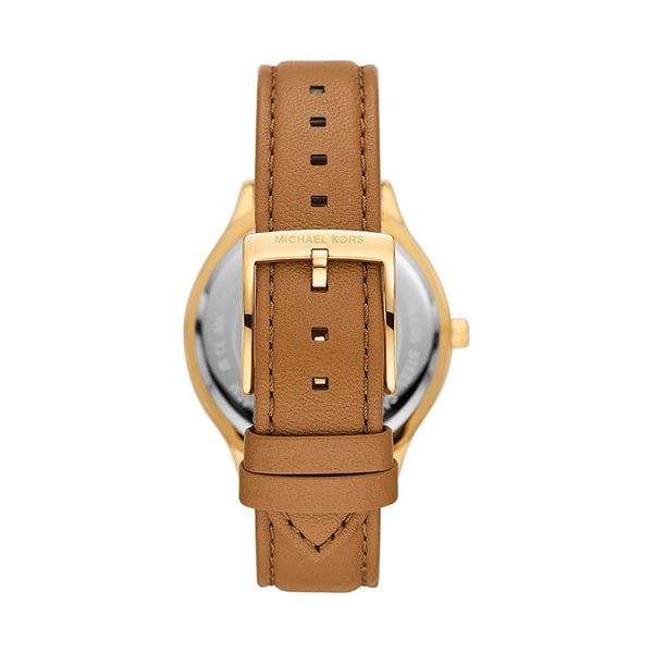Rear view of MICHAEL KORS WATCHES Mod. MK7465 showing the brown leather strap and gold buckle clasp on a lady's wristwatch.