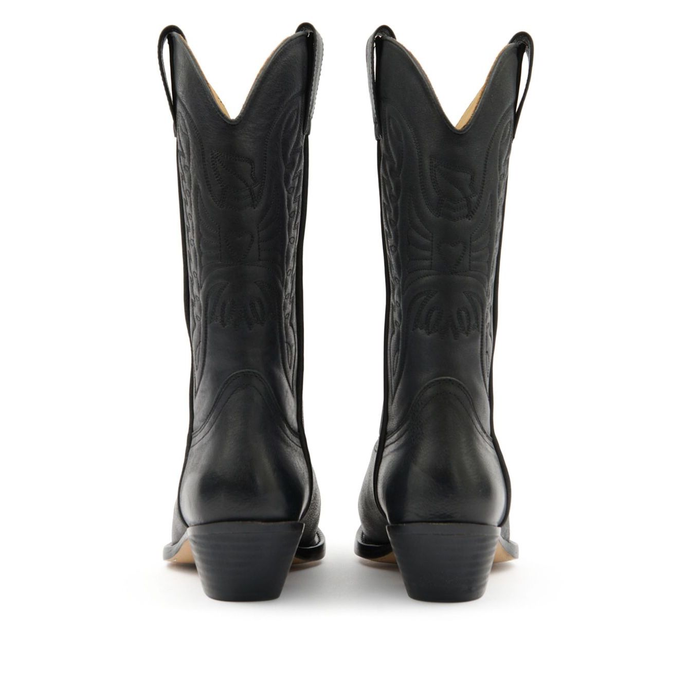 Rear view of MM6 Maison Margiela Boots Black with leather sole and pointed toe, showing double pull-tab design and 2-inch heel.