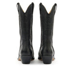 Rear view of MM6 Maison Margiela Boots Black with leather sole and pointed toe, showing double pull-tab design and 2-inch heel.
