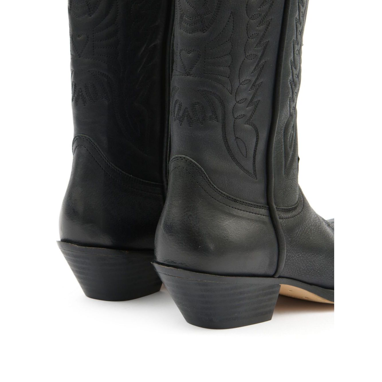 MM6 Maison Margiela Boots Black with leather sole and 2-inch heel, featuring intricate stitching, double pull-tabs, and pointed toe.