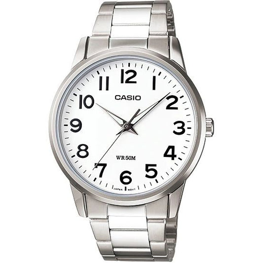 CASIO COLLECTION Mod. 3 H - WHITE wristwatch with stainless steel case and bracelet, quartz movement, and WR 50M water resistance.