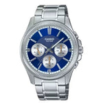 CASIO Mod. DAY DATE MULTIFUNCTION - BLUE wristwatch with 5 ATM water resistance, 42mm stainless steel case, and quartz movement.