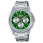 CASIO Mod. DAY DATE MULTIFUNCTION - GREEN wristwatch with quartz movement, stainless steel case, green dial, and 5 ATM water resistance.