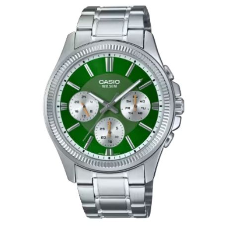 CASIO Mod. DAY DATE MULTIFUNCTION - GREEN wristwatch with quartz movement, stainless steel case, green dial, and 5 ATM water resistance.
