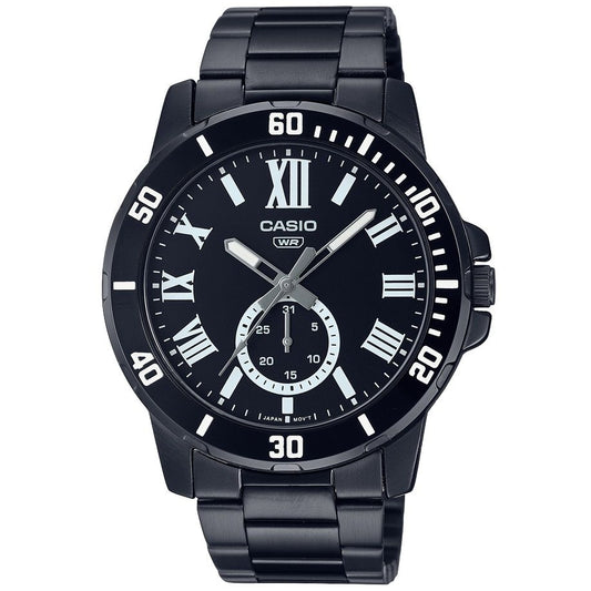 Alt Tag: CASIO COLLECTION Mod. DIVER DATE - BLACK wristwatch with quartz movement, SS IP black case and strap, Roman numeral dial.