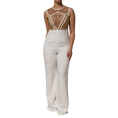 Mangano White Beige Mesh Crystal Embellished Sleeveless Jumpsuit Mangano