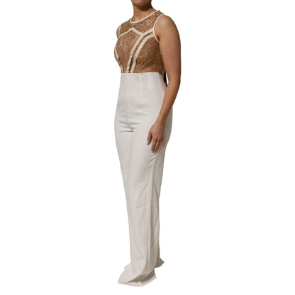 Mangano White Beige Mesh Crystal Embellished Sleeveless Jumpsuit Mangano