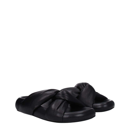 Marni Black Leather Slippers with side logo, open toe, mid heels, and rubber sole, showcasing casual style.