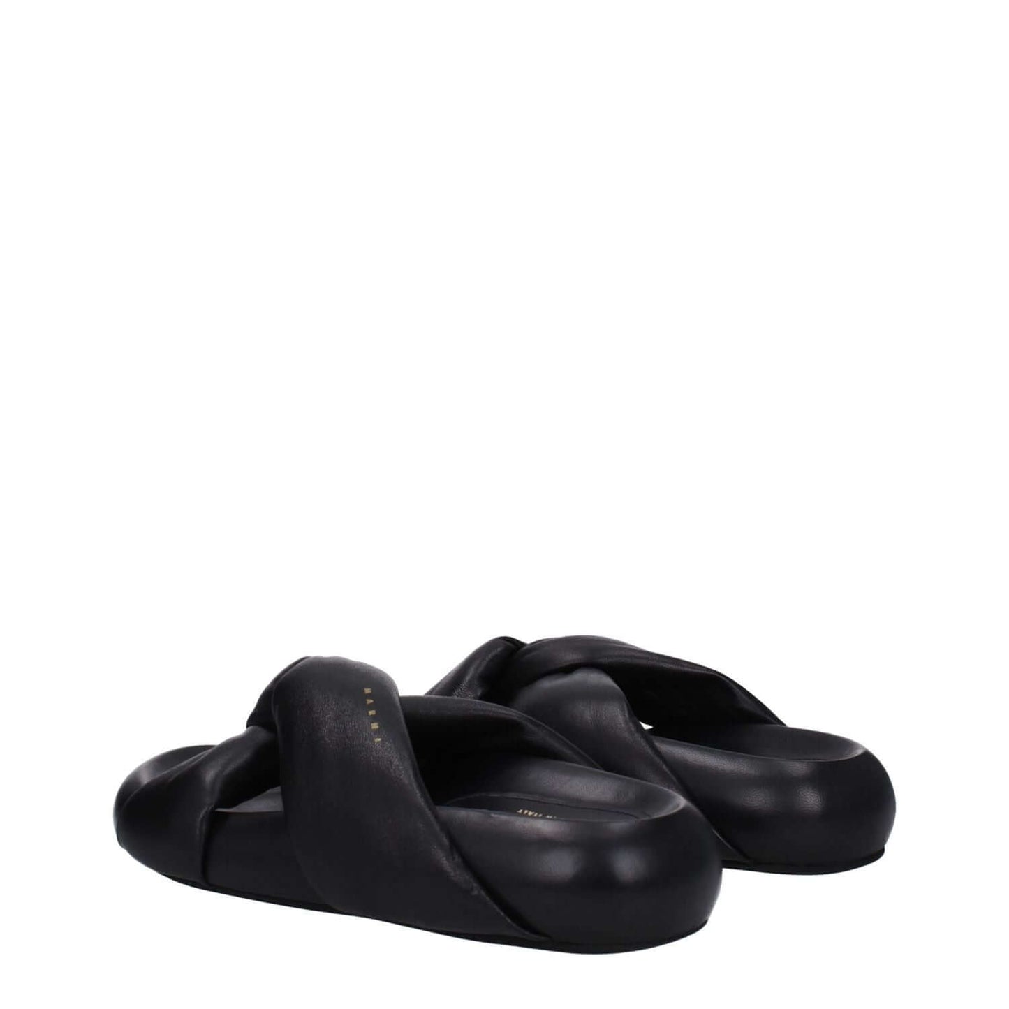 Marni Black Leather Slippers, featuring open toe, side logo, and mid heels, crafted from leather with rubber sole, casual style.
