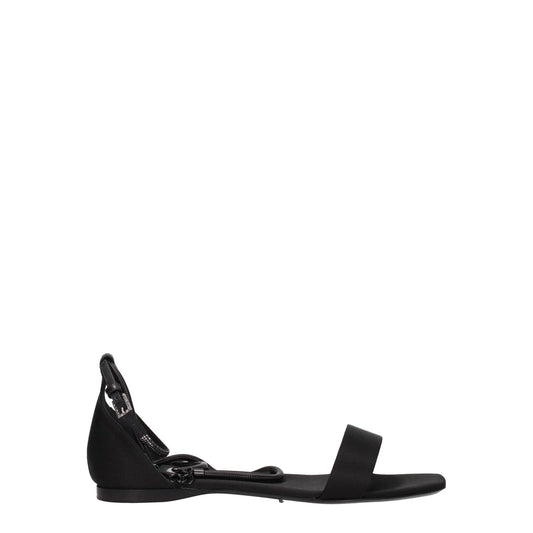 Side view of Max Mara Black Satin Flat Sandals with buckle closure and open toe design, featuring a low, flat leather sole.