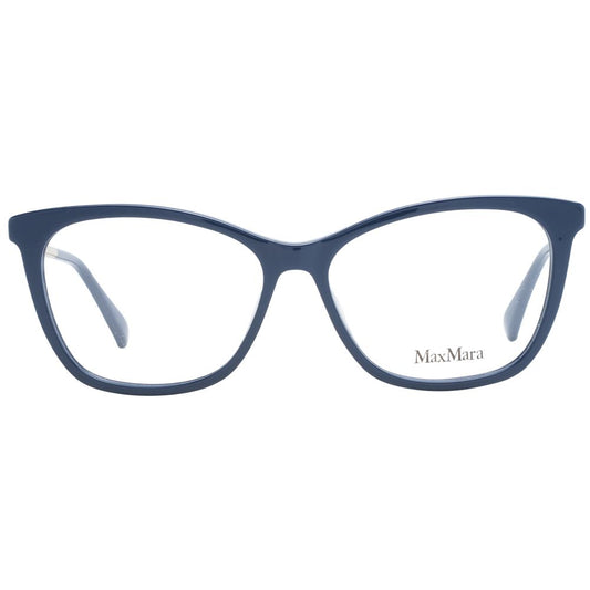 Max Mara Blue Women Glasses Frame with full-rim plastic design, demo lenses, and butterfly style, includes branded case.